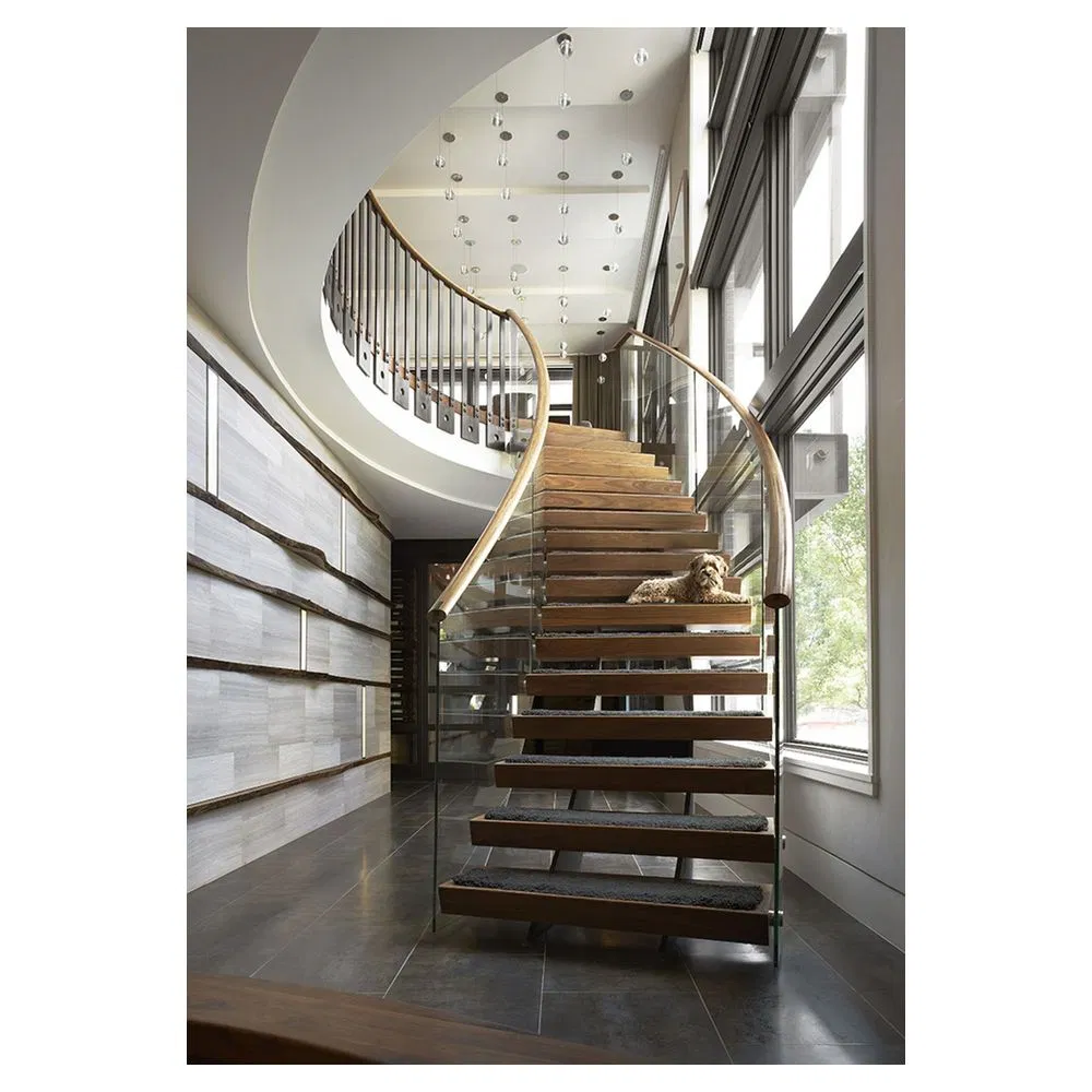Prima Architectural Double Curved Staircase Australia Style with Hardwood Steps Steel Railings