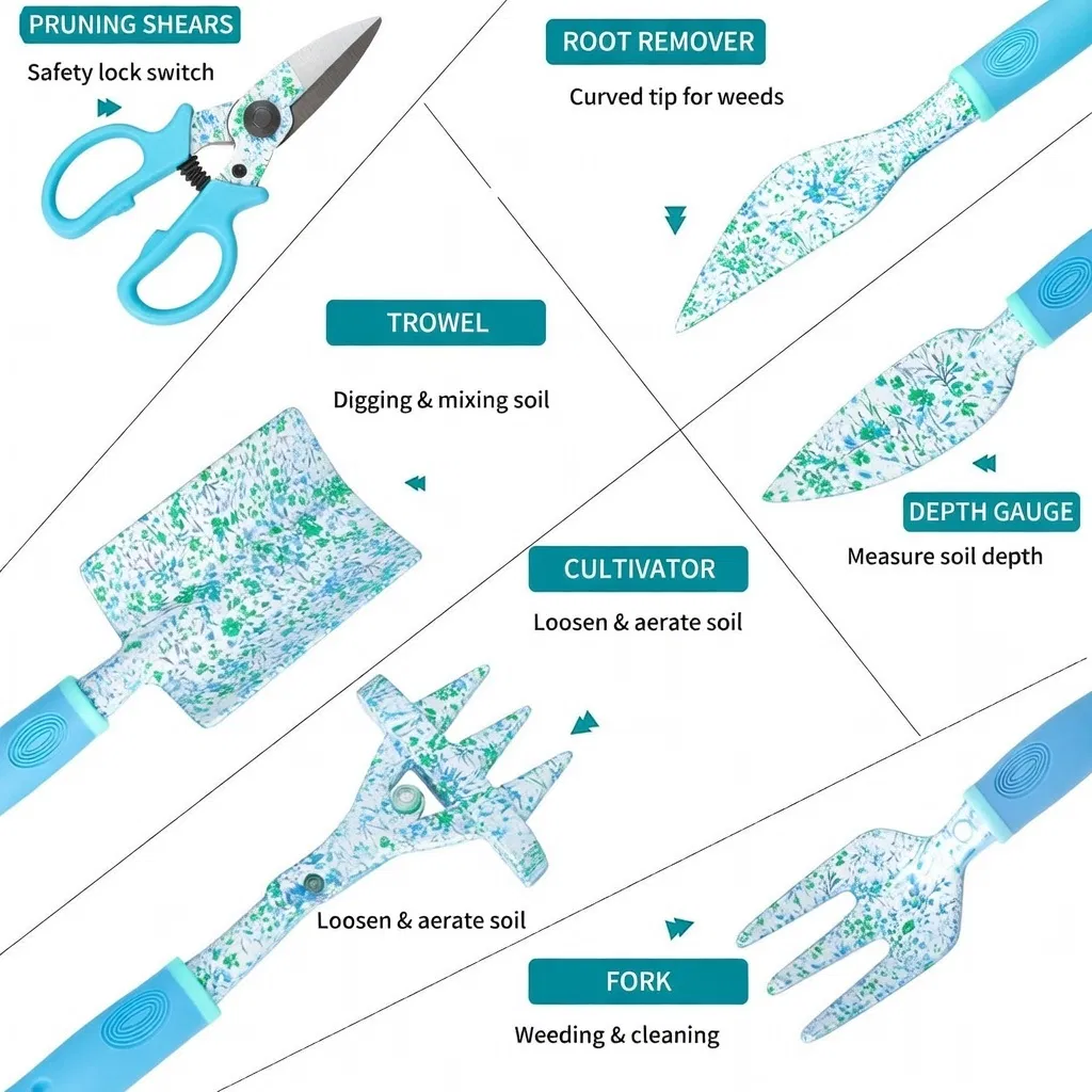 Aluminum Alloy & Stainless Steel Garden Tool Set - Printed Floral Gardening Kit