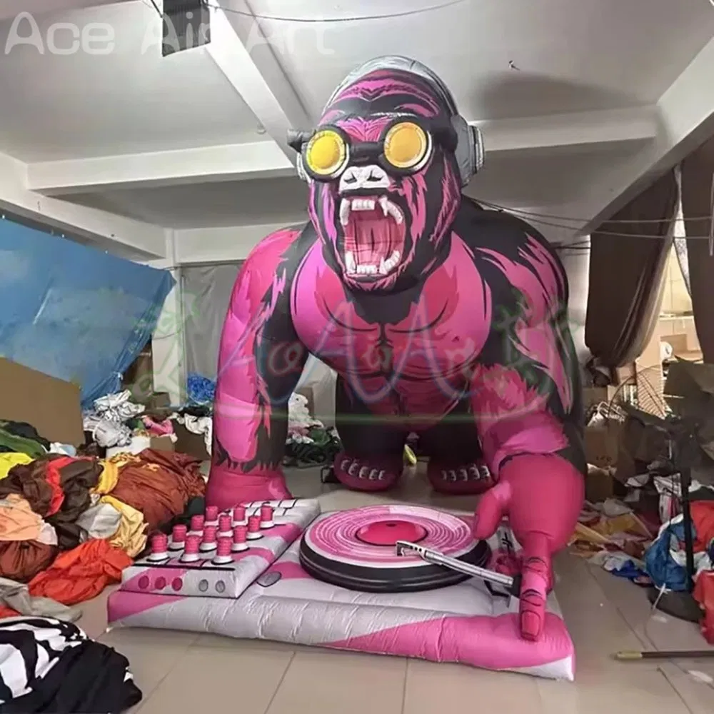 5m Giant Inflatable Gorilla Wearing Headphone Pressing DJ Key Board Balloon for Nightclub Music Festival Decor Event Advertising Props
