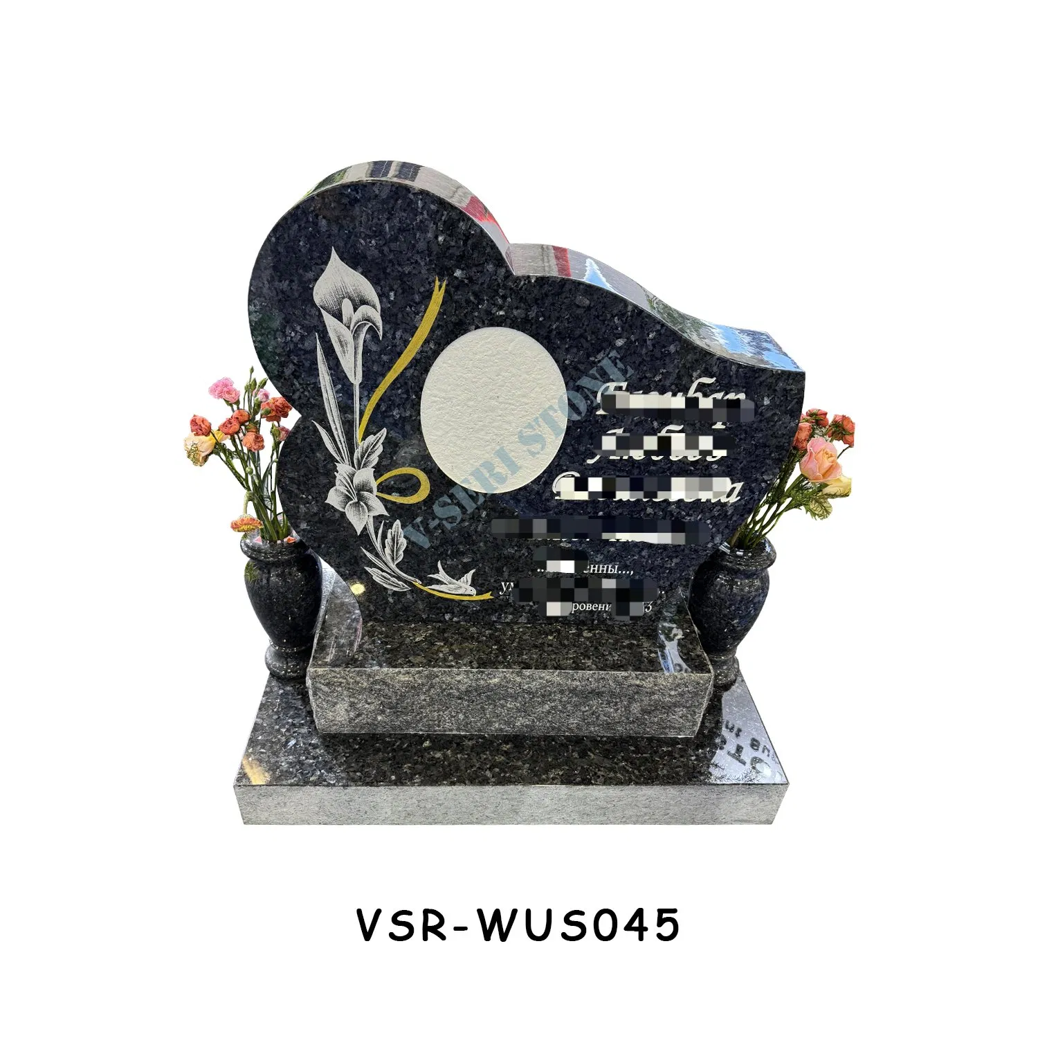 Blue Pearl Granite Headstone Gravestone Factory with Calla Pattern and Granite Vases