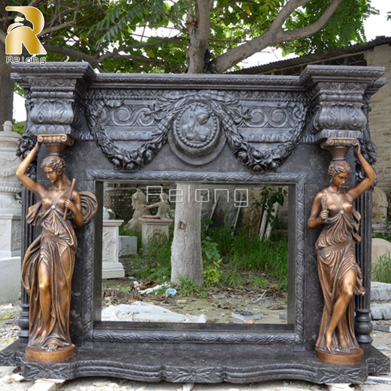 Wholesale Luxury Indoor Home Decor Antique Black Marble Fireplace with Hand Craved Marble Female Statues