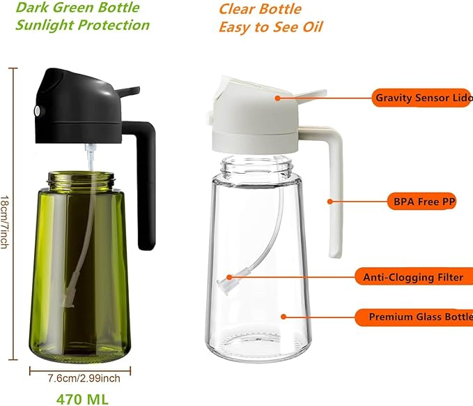 Multifunctional 2-in-1 Oil Sprayer & Dispenser 470ml Olive Oil Sprayer Glass Bottle Dispenser