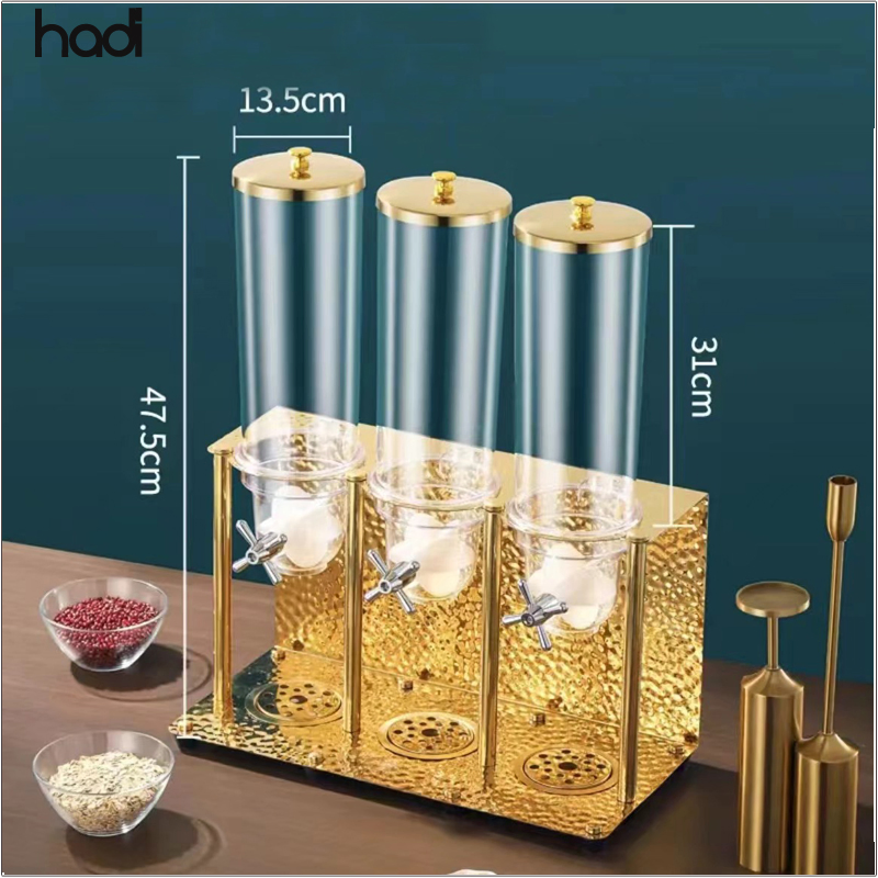 Commercial Double Tank Golden Breakfast Cereal Dispenser for Hotels Modern Counter Top Stainless Steel and Plastic Dispenser