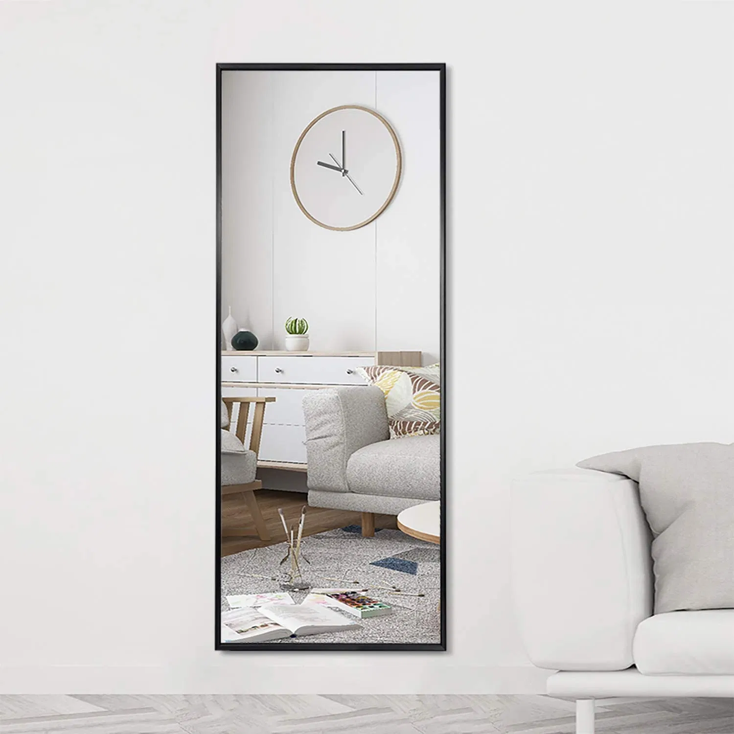Jinghu Brand Home Decoration Furniture Black Rectangle Metal Frame Mirror Dressing Full Length Standing Floor Mirror with OEM Packaging