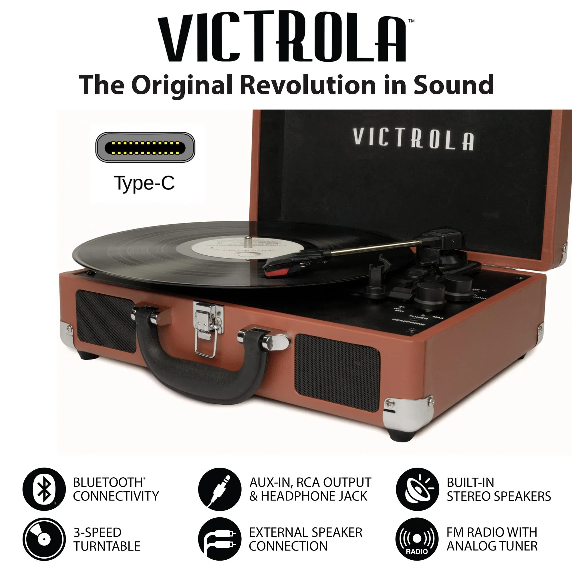 Anti-Vibration Turntable Portable Suitcase Phonograph Vinyl Records with Bluetooth Battery USB SD Record and Play Type-C