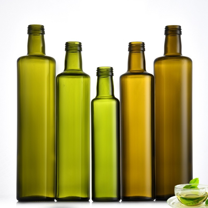Glass Olive Oil Dispenser Empty Round Clear Oil and Vinegar Cruet Bottle with Pourers Seal Caps for Kitchen