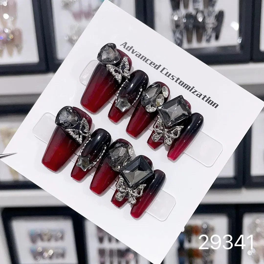 2025 Private Label New Style False Nails Own Logo Brand Boxes Luxury Design Handmade Butterfly Black Red Fake Customized Press on Nails Painting Acrylic Nails