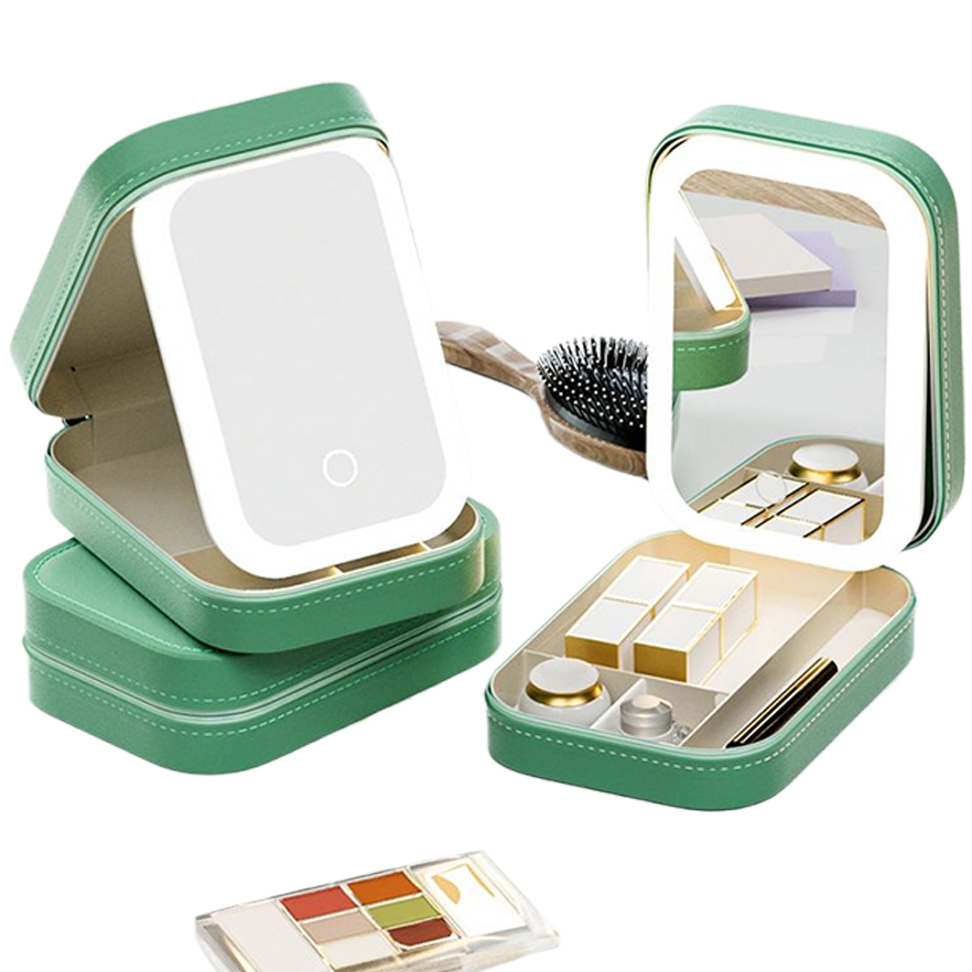 Vanity Leather Cosmetics Set Box for Women Compact Rechargeable Mirror with LED Makeup Mirror
