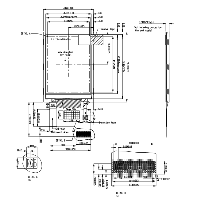 2.2 Inch Sunlight Readable LCD Display with 240*320 Resolution/RGB 18 Bits+3spi Interface