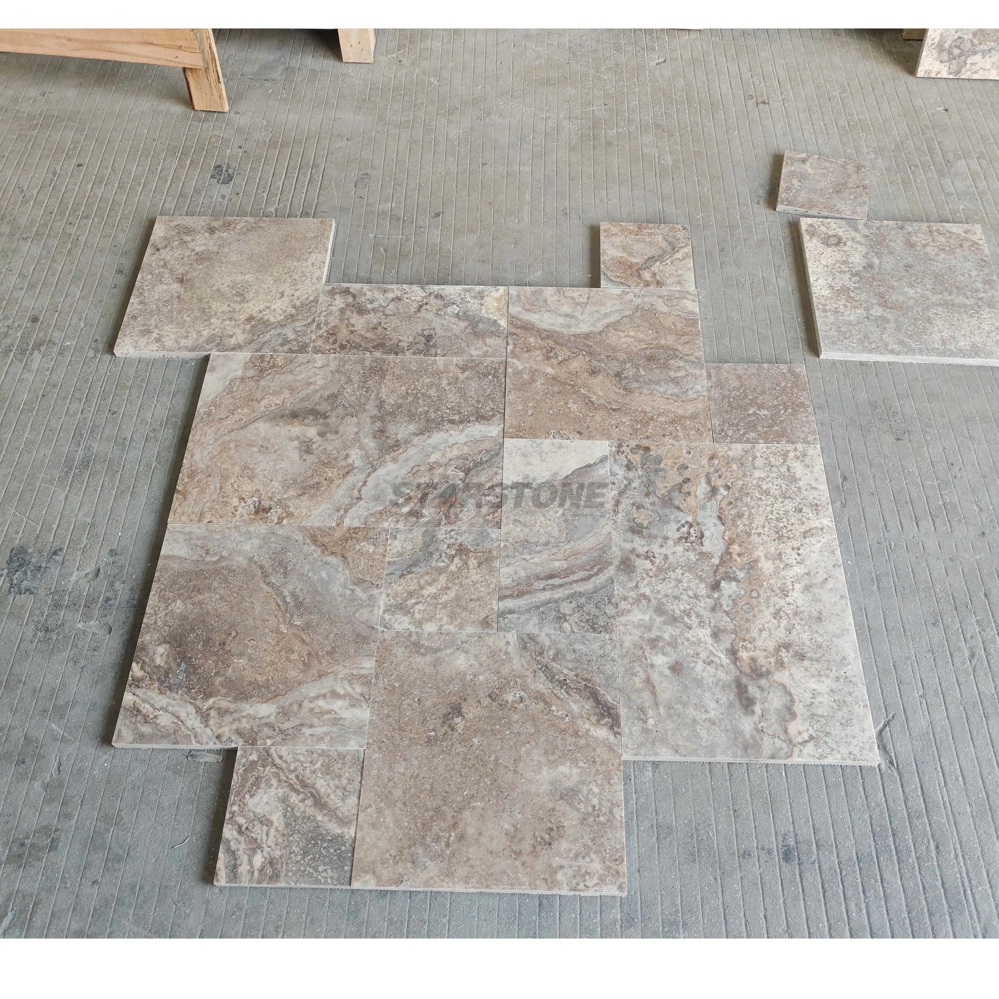China Factory Price Driveway Silver Grey French Pattern Floor Tiles Unfilled Hole Stone Tiles Travertine Natural Marble Paver