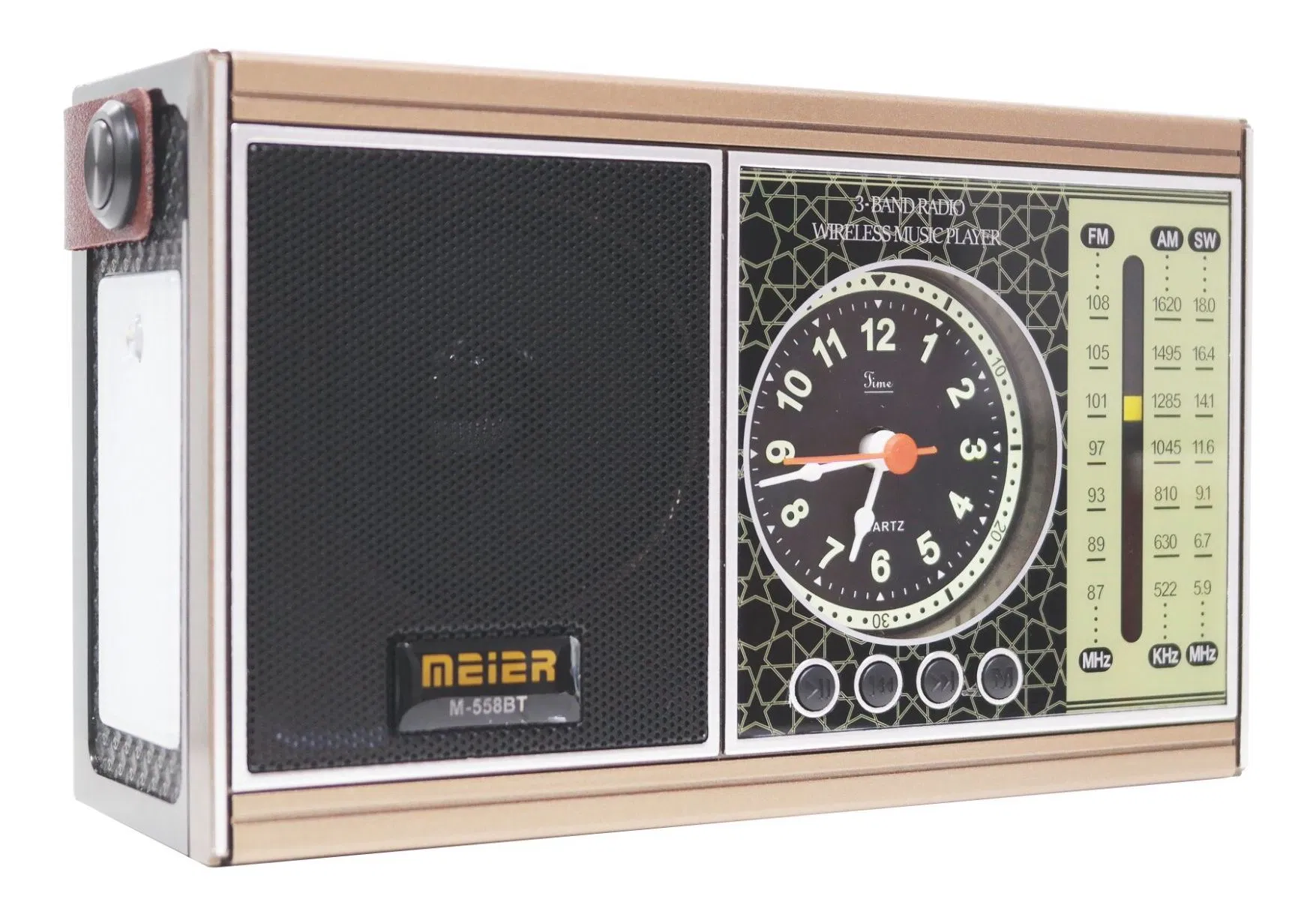 Meier M-558bt Portable 3-Band Am FM Sw Radio, TF Card and MP3 Player, Rechargeable Speaker, Bluetooth Retro Design Clock Mini Radio