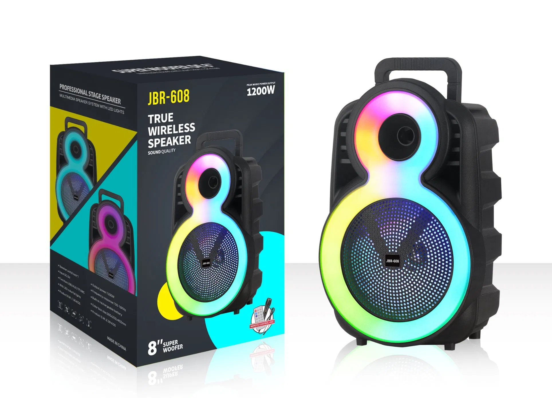 8 Inch Rechargeable Portable Bluetooth Active Speaker Trolley with Colorful LED Lights