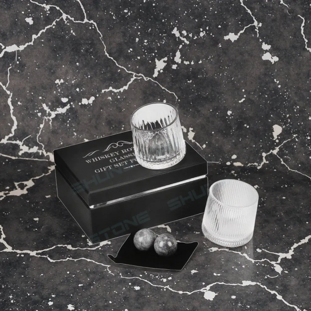 Shunstone Creative Natural Granite Chilling Whiskey Stone Ball and Rotating Whisky Glass Set Gift Box for Men