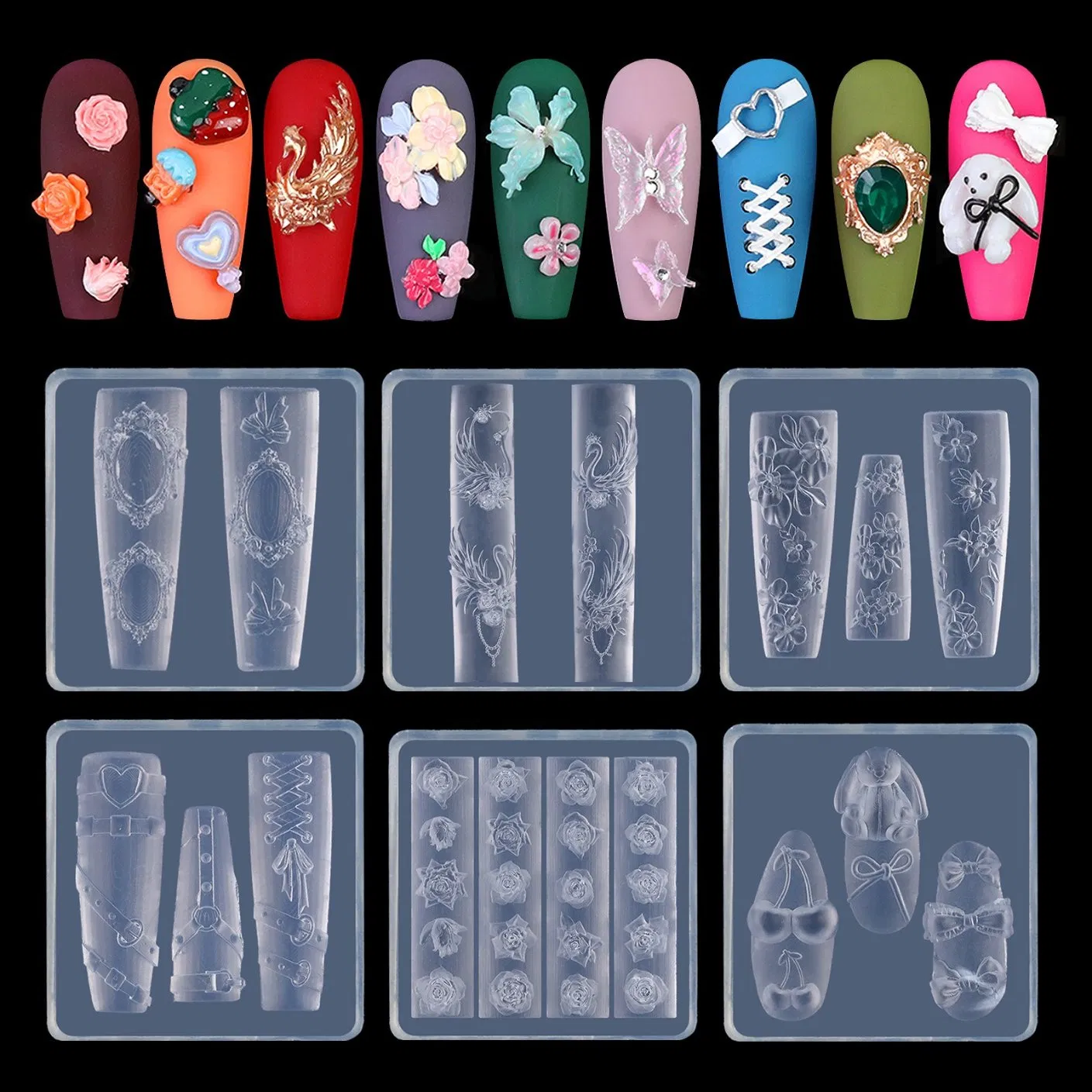 Nail Silicone Mold French Lace with Cartoon Flower Tulip Butterfly Nail Jewelry Tools for UV Jel Nail Mold
