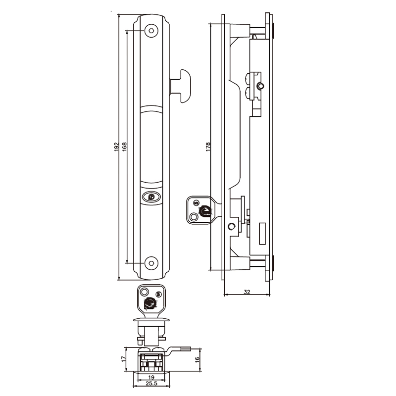 Aluminum Sliding Door Hardware Accessories Powder Coating Latch Lock with Keys
