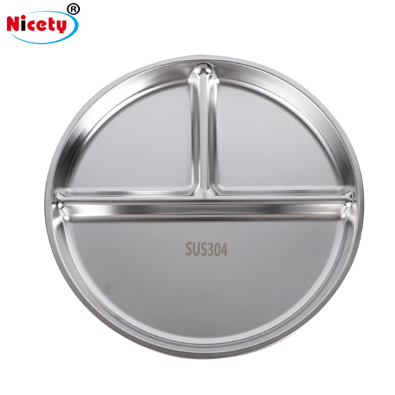 Novel New Design Stainless Steel 3-Compartment Divided Dinner Plate for School and Kids