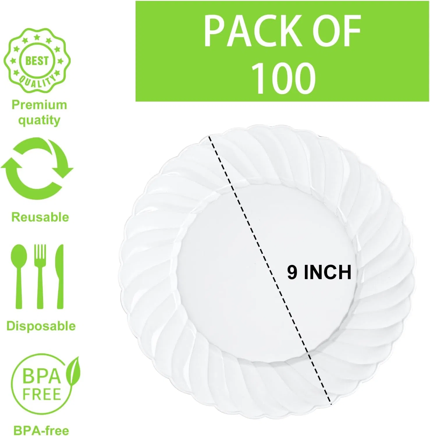 Eco-Friendly White 9 Inch Plastic Dinner Plates for Events
