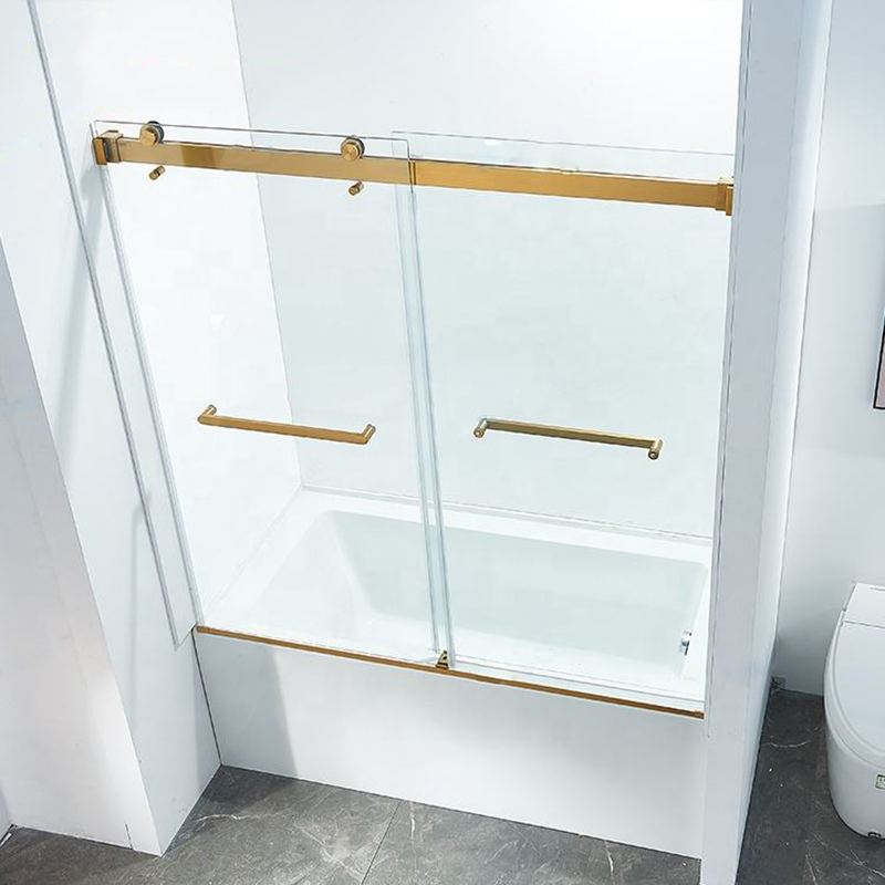 Custom Brushed Golden Double Sliding Stainless Steel Frameless Tempered Glass Sliding Bathtub Door