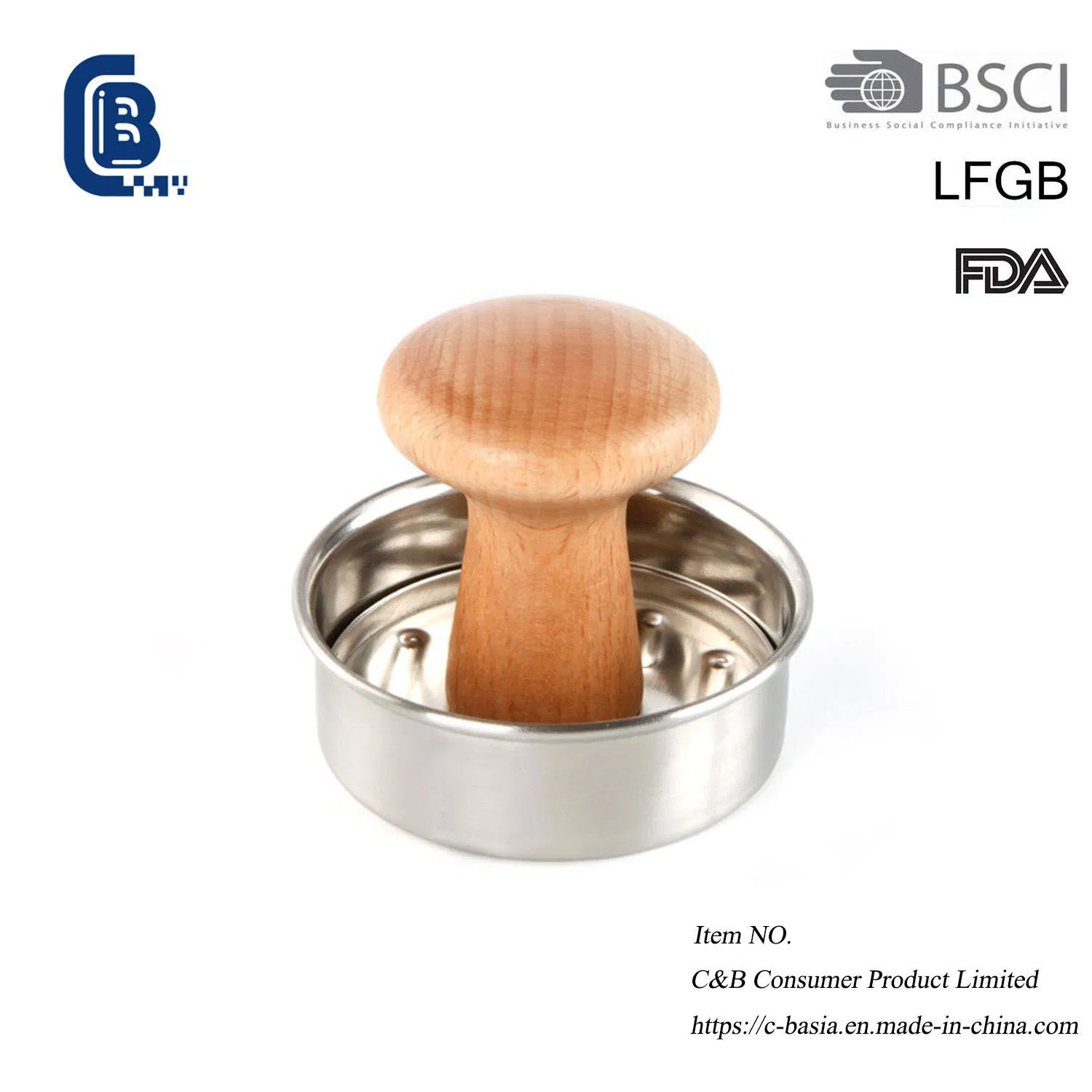 Durable Solid Wood Handle Stainless Steel Steak & Burger Patty Press (Logo Customizable)