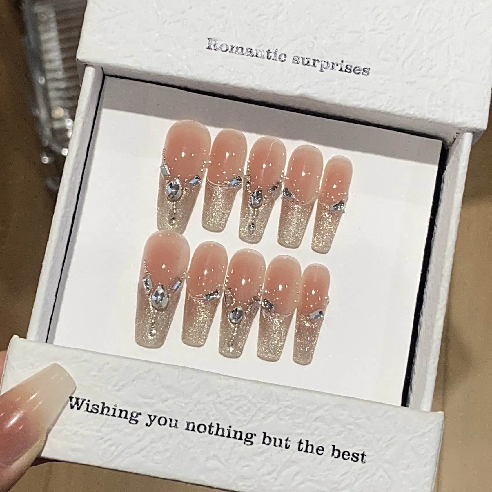 Gradient French Light Luxury Cat's Eye Blush Steel Beads Water Drop Diamond Advanced Patch Wearable Nail