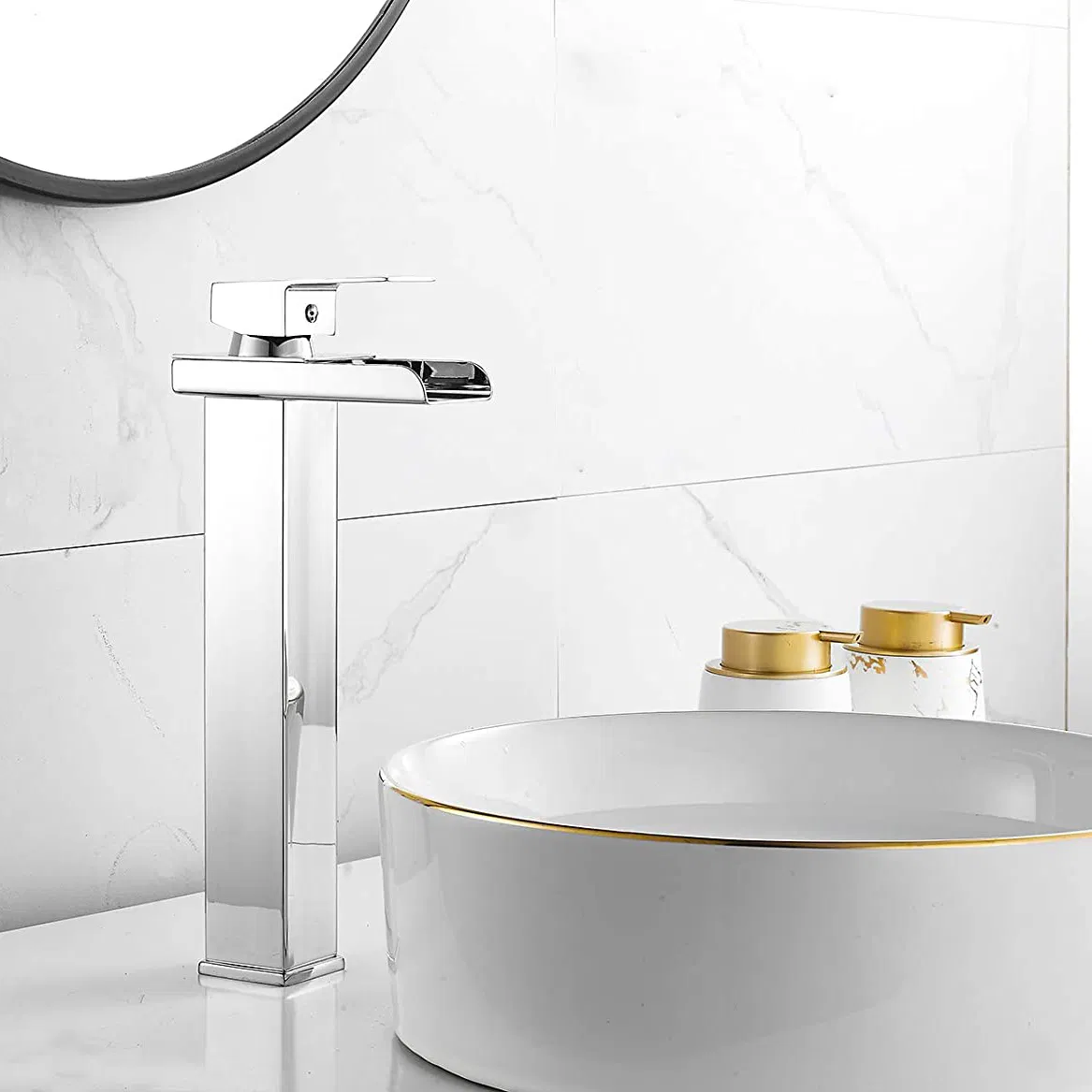 Modern Vanity Faucet Lavatory Mixer Tap Deck Mount Commercial Tall Body Waterfall Spout Single Handle Sink Faucet