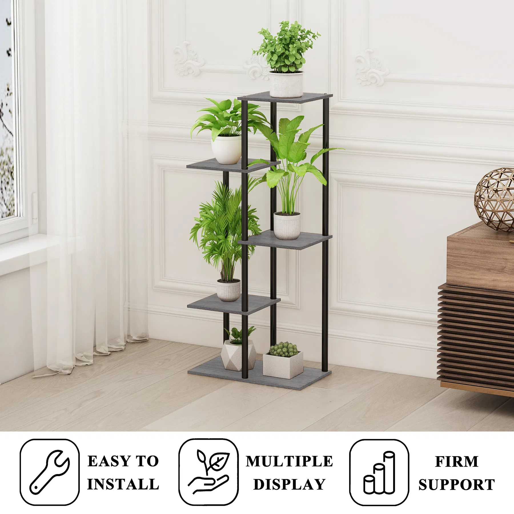 Elegant 5 Tier Indoor Corner Plant Shelf in Oak Grey