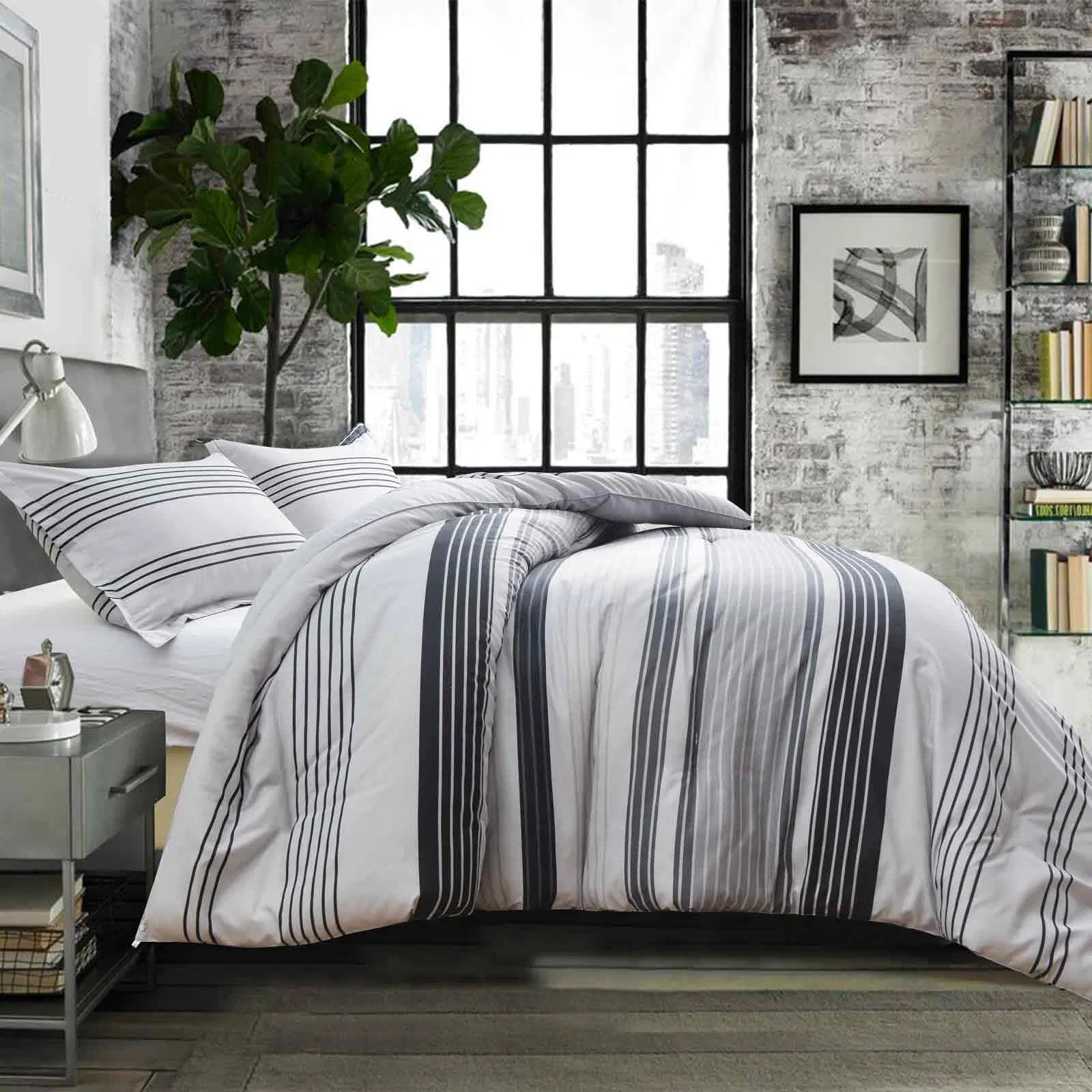 King Size Duvet Cover Set Grey Strips Thread Floral Quilt Cover Bedding