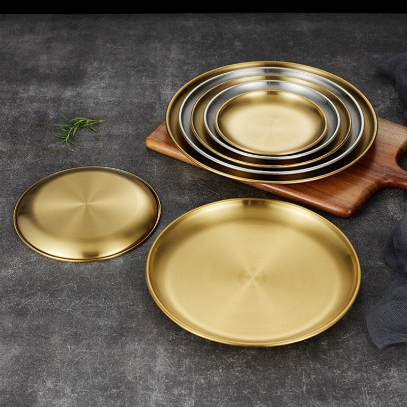 Factory Wholesale Stainless Steel Round Serving Tray Gold Plated Stainless Steel Dinner Dishes Plates