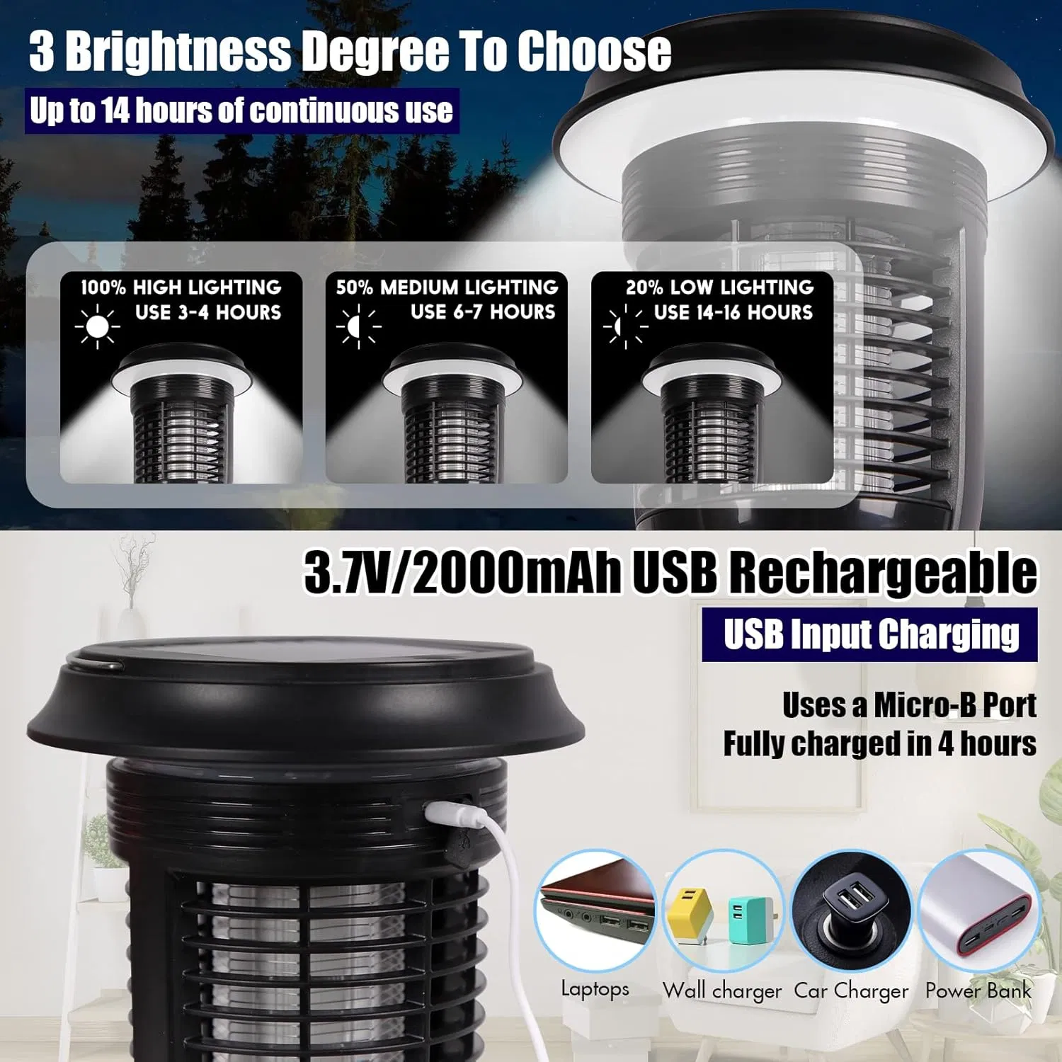 2-in-1 Solar Insect Killer and LED Lamp - Rechargeable, Waterproof, and Self-Cleaning