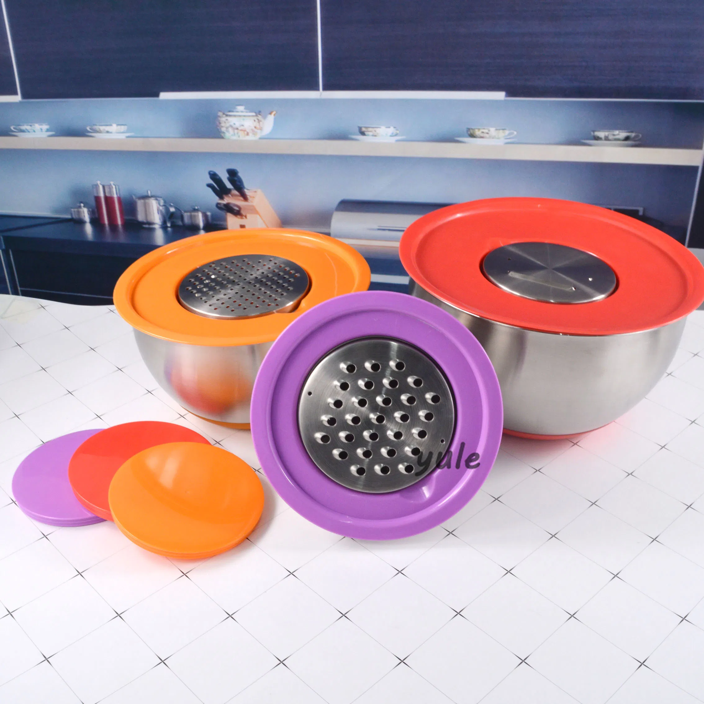 Fasola Food Grade Salad Bowl Egg Beating Pan Colorful Coating France Saladier En Acier Inoxydable Easy-Grip Rim Stainless Steel Salad Bowl with Grater Lid