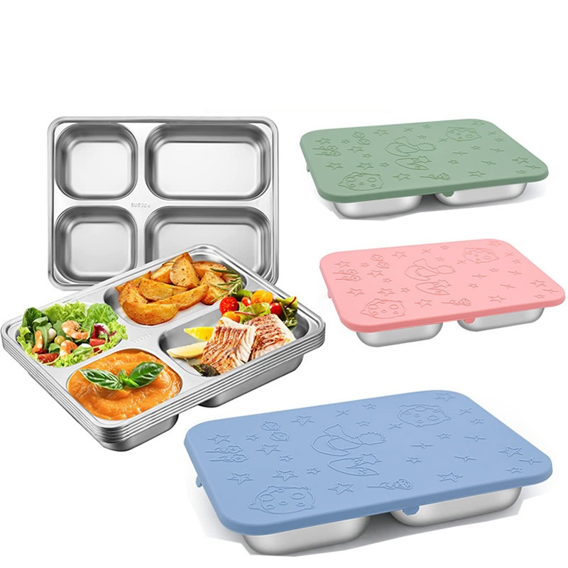 Eco-Friendly Stainless Steel Lunch Box - Four Compartments with Silicone Lid