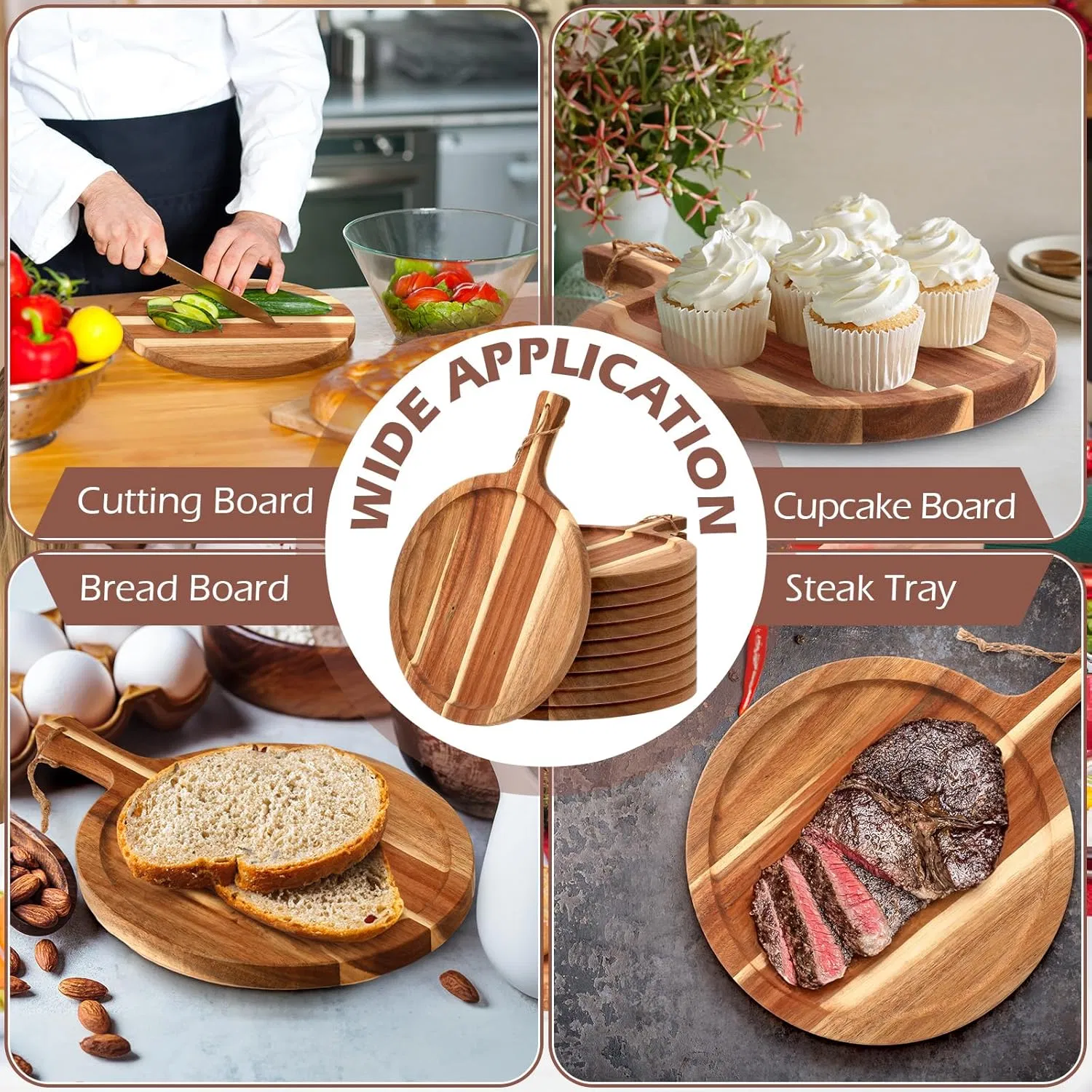 Round Wood Acacia Chopping Boards Cutting Board Serving Tray with Handle for Pizza Bread Cheese Fruit Vegetable