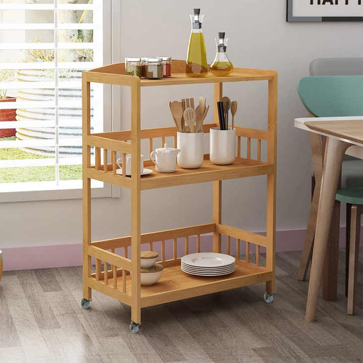 Bamboo Household Kitchen Bathroom with Wheeled Storage Rack
