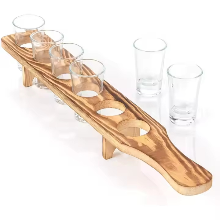 1.5oz/45ml Unique Rustic Wooden Bar Tray Holder Heavy Base Shot Glass Tray for Whisky Tequila with Serving Tray for Jose Cuervo