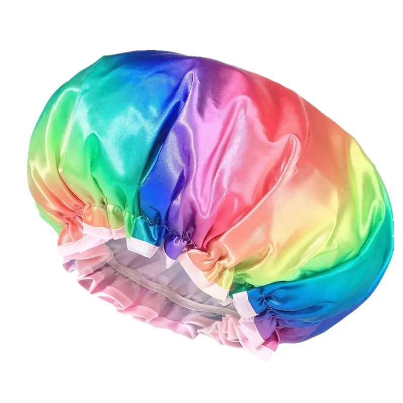Custom Large Rainbow Double Waterproof Satin Lined Shower Cap