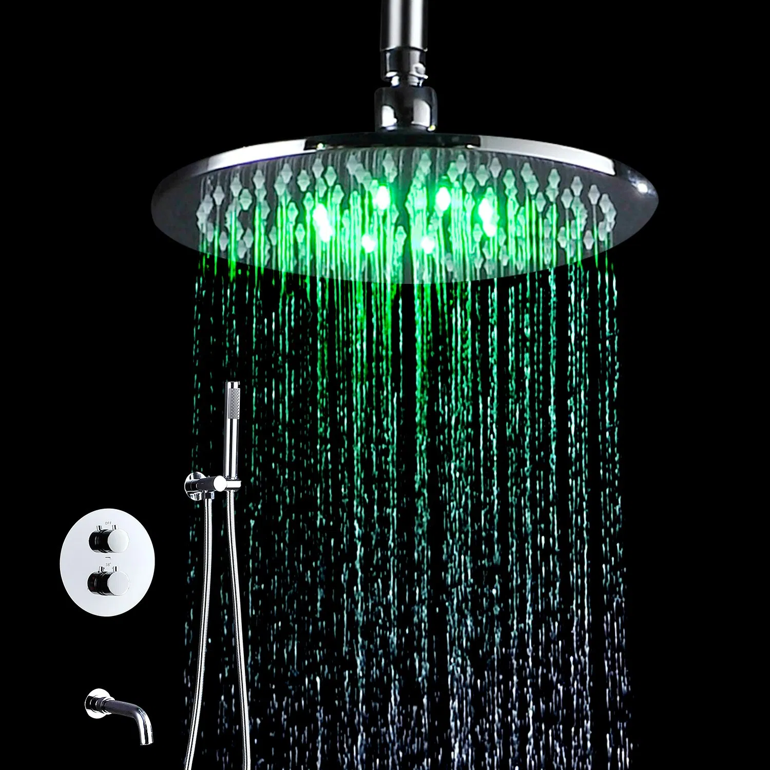 10" Round Big Rainfall Thermostatic Faucet Brass Conceal LED Shower Set