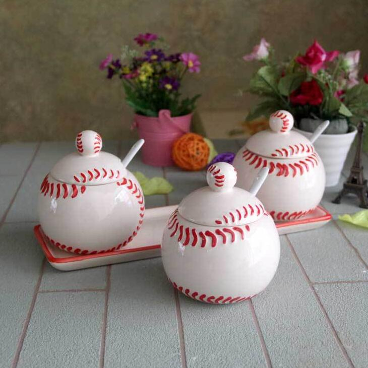 Creative Kitchen Three-Piece Condiment Set Baseball Ceramic Set