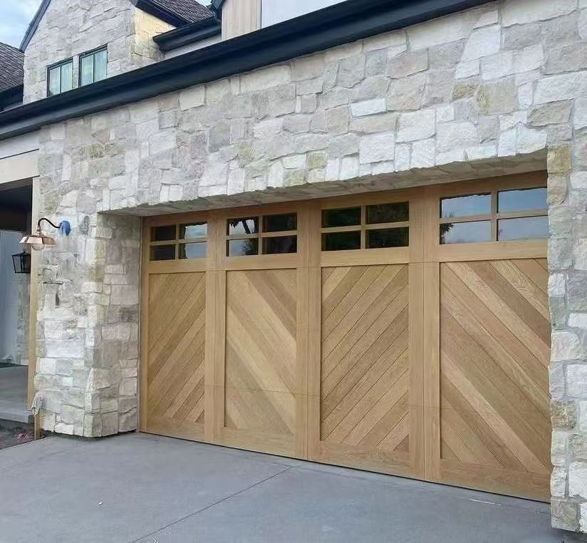Energy Efficient Black Walnut Solid Wood Look Aluminum Track Slide up Garage Doors with Top Double Glass Windows