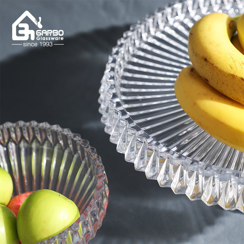 Big Size Fruit Glass Candy Pot with Lid Serving Candy Pot with Classic Strip Pattern High Quality Candy Pot with Stand