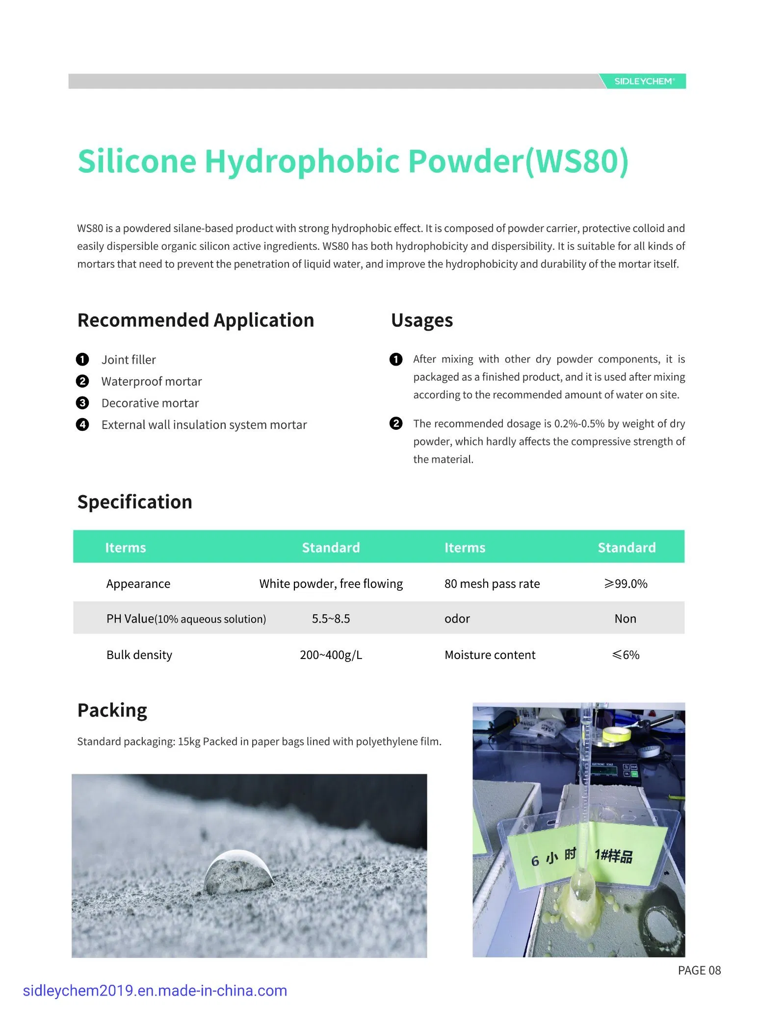 Silicone Hydrophobic Agent (WS80) Water Repellent for Waterproof Mortar, Joint Filler Silicone Powder