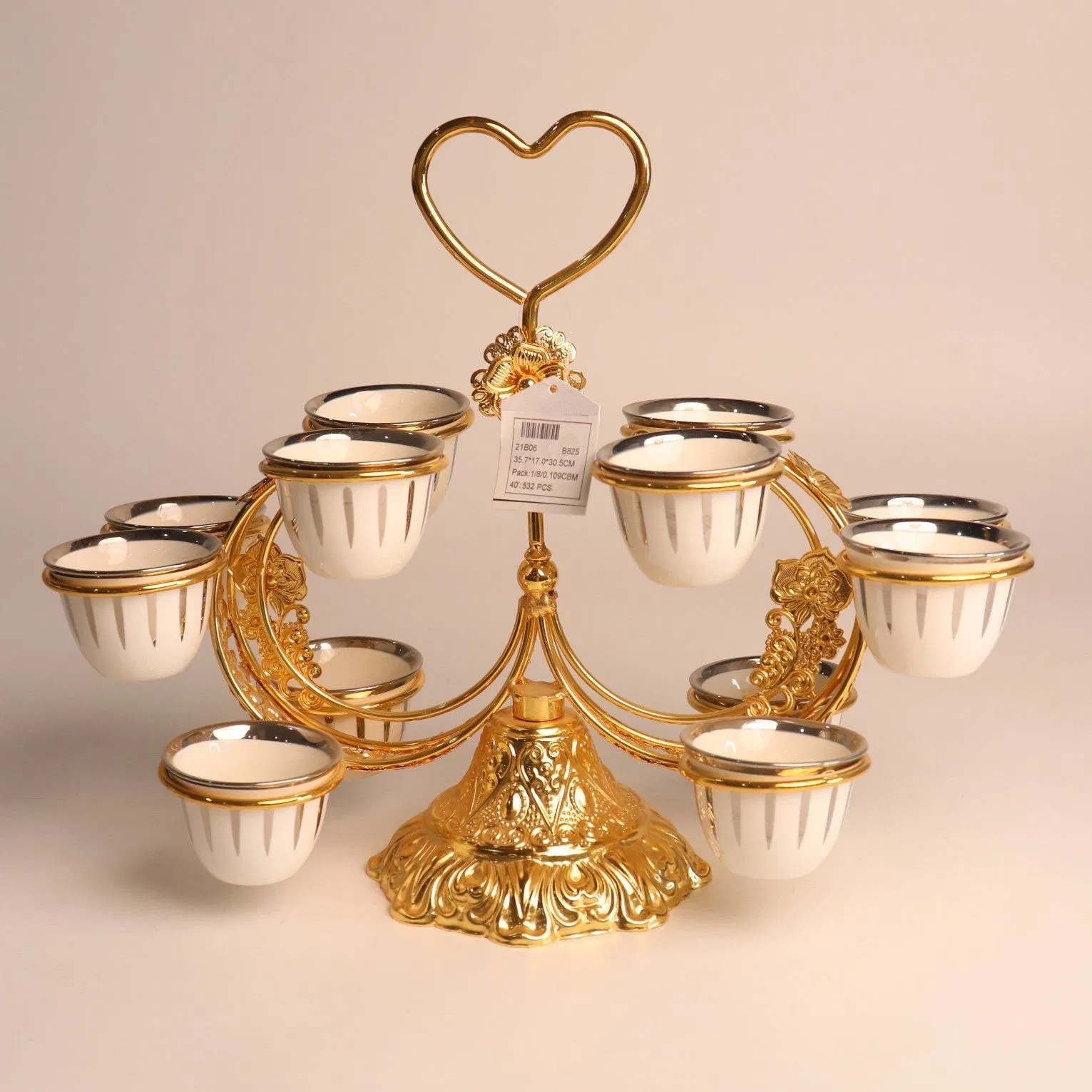 Ceramic Tea Cups and Golden Iron Holder for Tea Presentation Cups