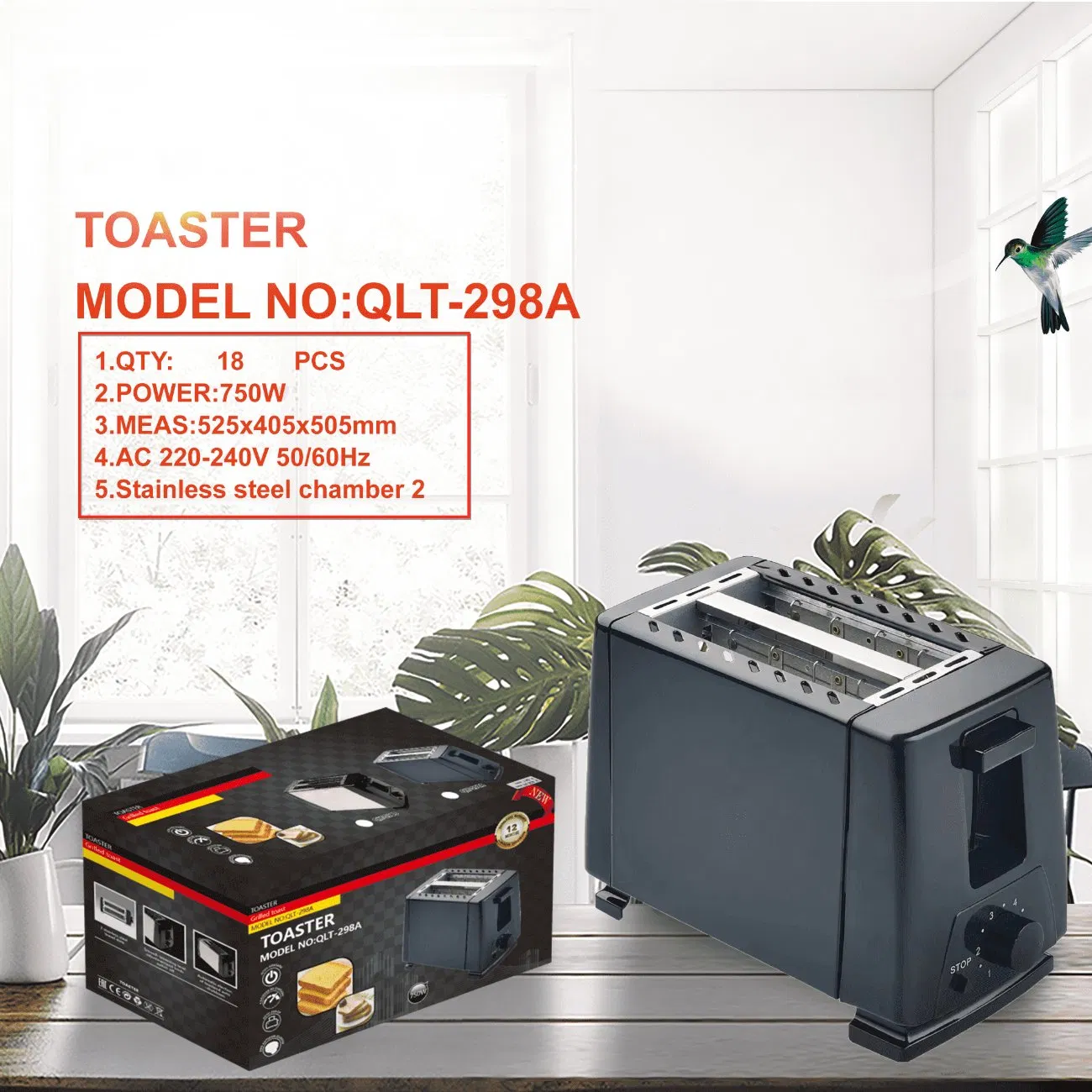 Qlt-298A Household Electric 750W Breakfast Sandwich Toaster Automatic Pop-up Removable Crumb Tray 2 Slices Bread for Kitchen Use