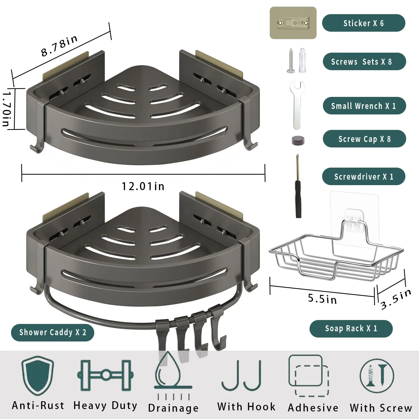 Corner Self Adhesive Bathroom Shelves Storage Holder Rust Proof Shower Bathtub Rack