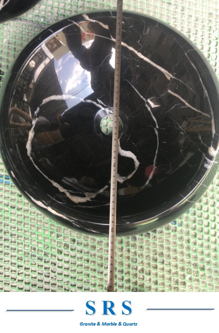 Natural Stone Black Marble Round Shape Polished Bathroom Washbasin