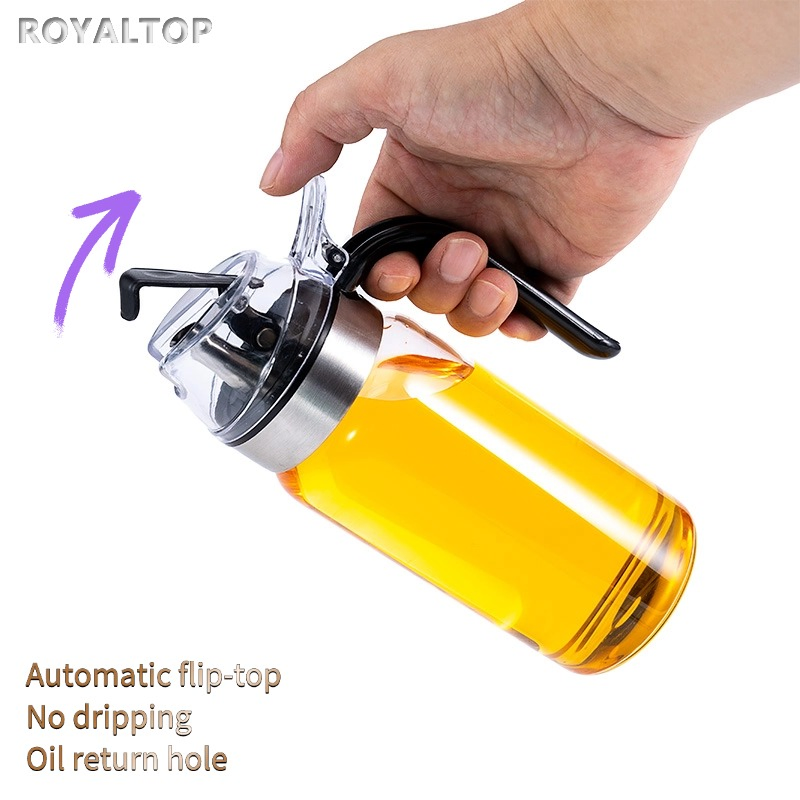 Kitchen Clear 12oz Borosilicate Glass Cooking Oil Bottle Jar Auto Flip Top Vinegar and Olive Oil Dispenser with Black Handle