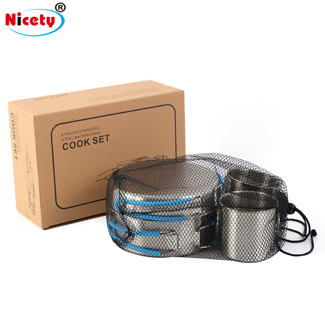 Multi-Person Outdoor Camping 1-2L 8-Piece Eco-Friendly Stainless Steel Cookware Set
