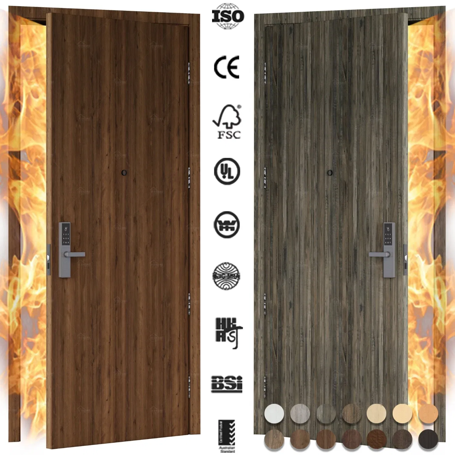 En16034 CE Certified 30 60 90 Minutes HPL Fire Resistance Wood Laminate Door Timber Composite Fire Door for Hotel Guest Room