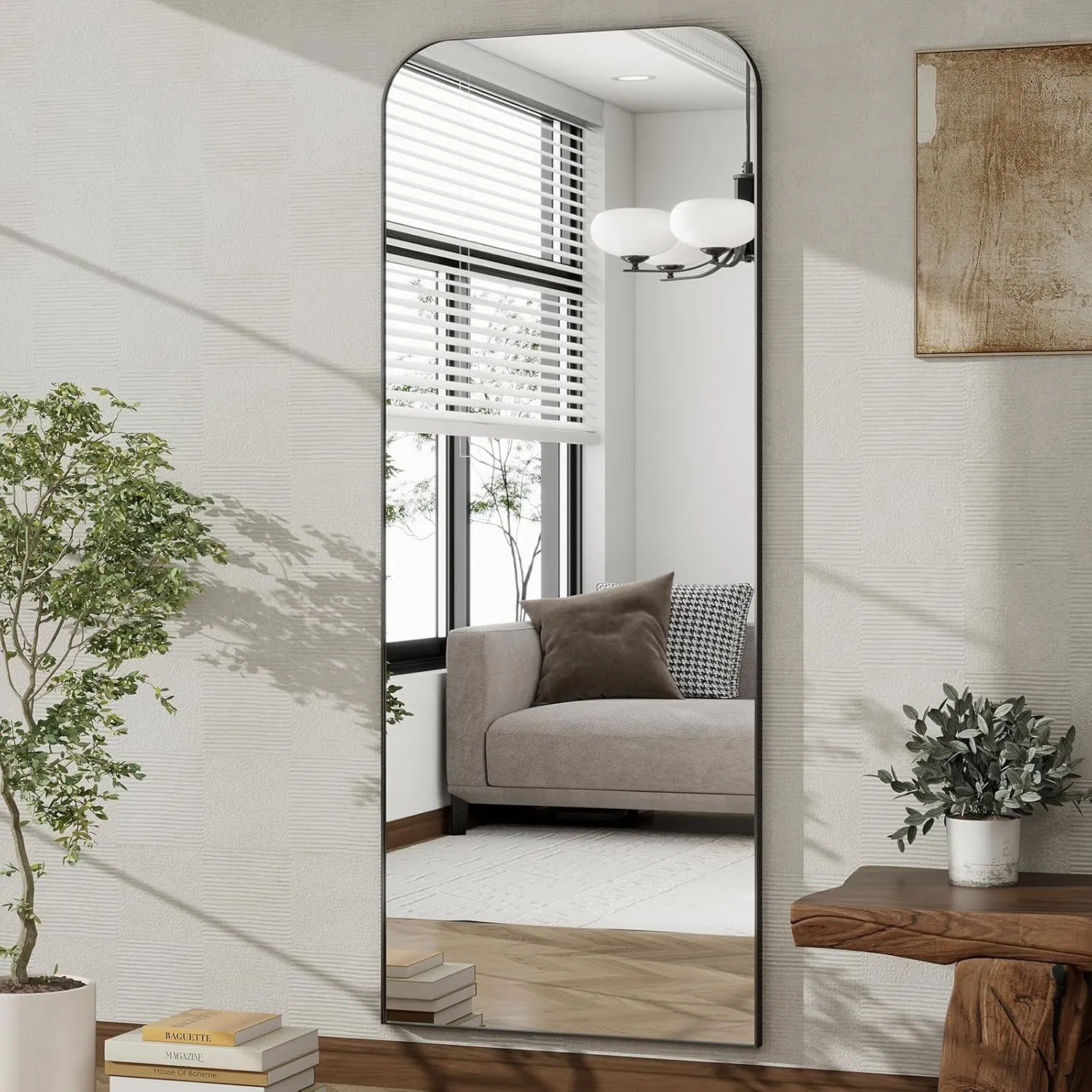 120*60 Cm Full Body Mirror Top Rounded Corner Aluminum Frame Full Length Mirror Hanging or Leaning Wall Floor Mirror with Stand for Cloakroom, Bedroom