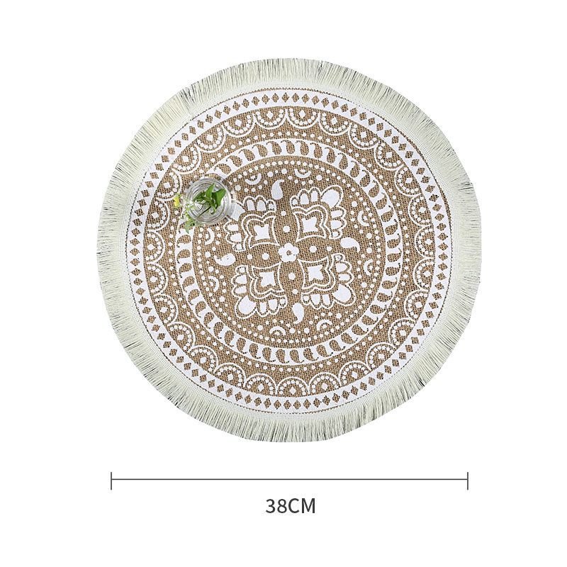 Round Vintage Fringed Placemat, Eco-Friendly Natural-Colored Jute Screen Printing Style