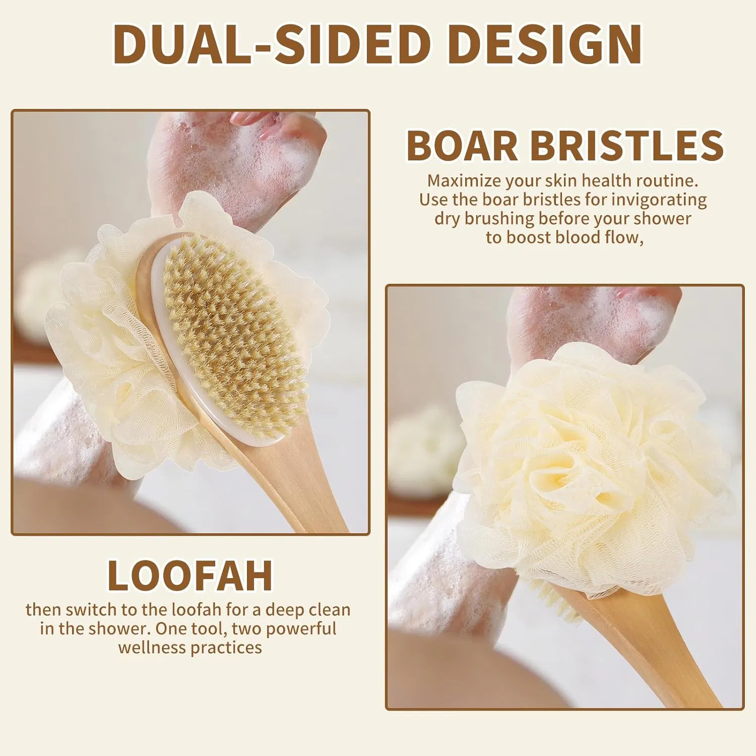 Wooden Long Handle Shower Body Brush with Loofah for Exfoliating Back Scrubber